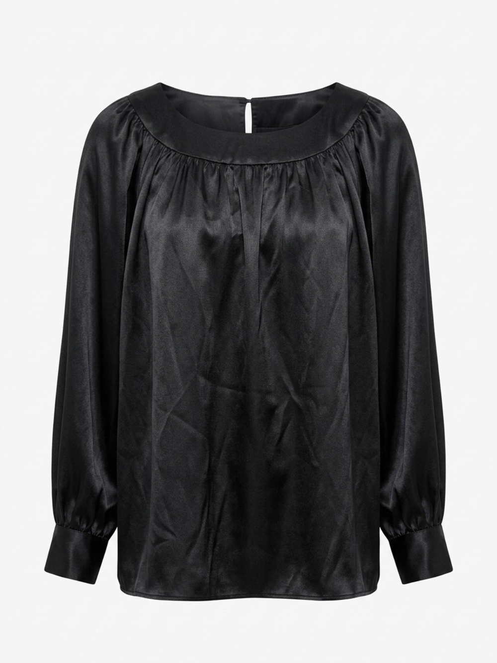 Jaclyn Smith Black Satin Gathered Yoke Long-Sleeve Blouse
